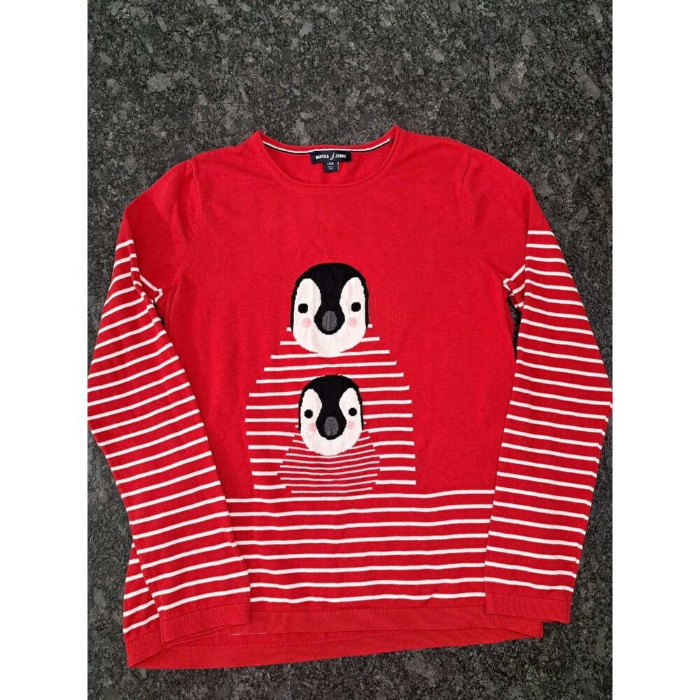 Nautica Jeans Red & White Stripe Penguin Cotton Sweater Women’s Size Large